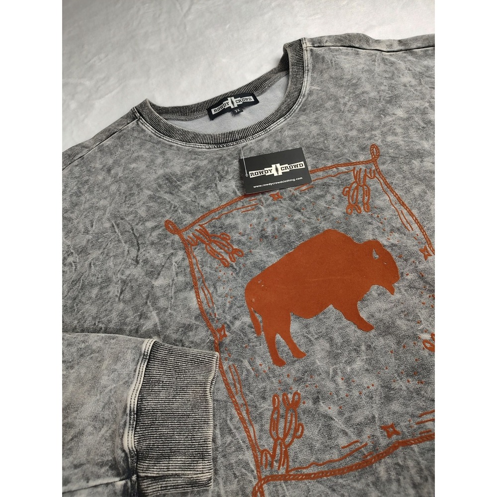 Rowdy Crowd Mens Gray Acid Wash Buffalo Graphic Crewneck‎ Sweatshirt Size 2X